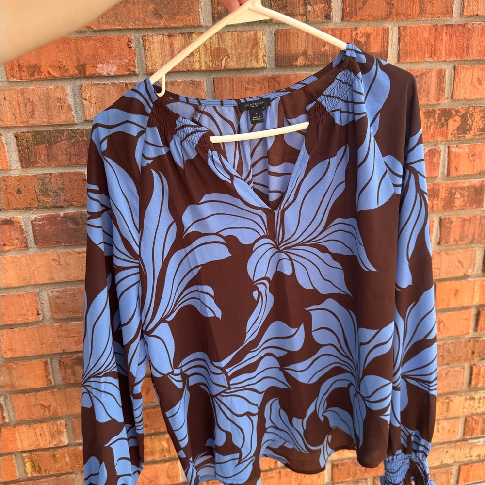 Ann Taylor Brown Blouse with Blue Floral Print